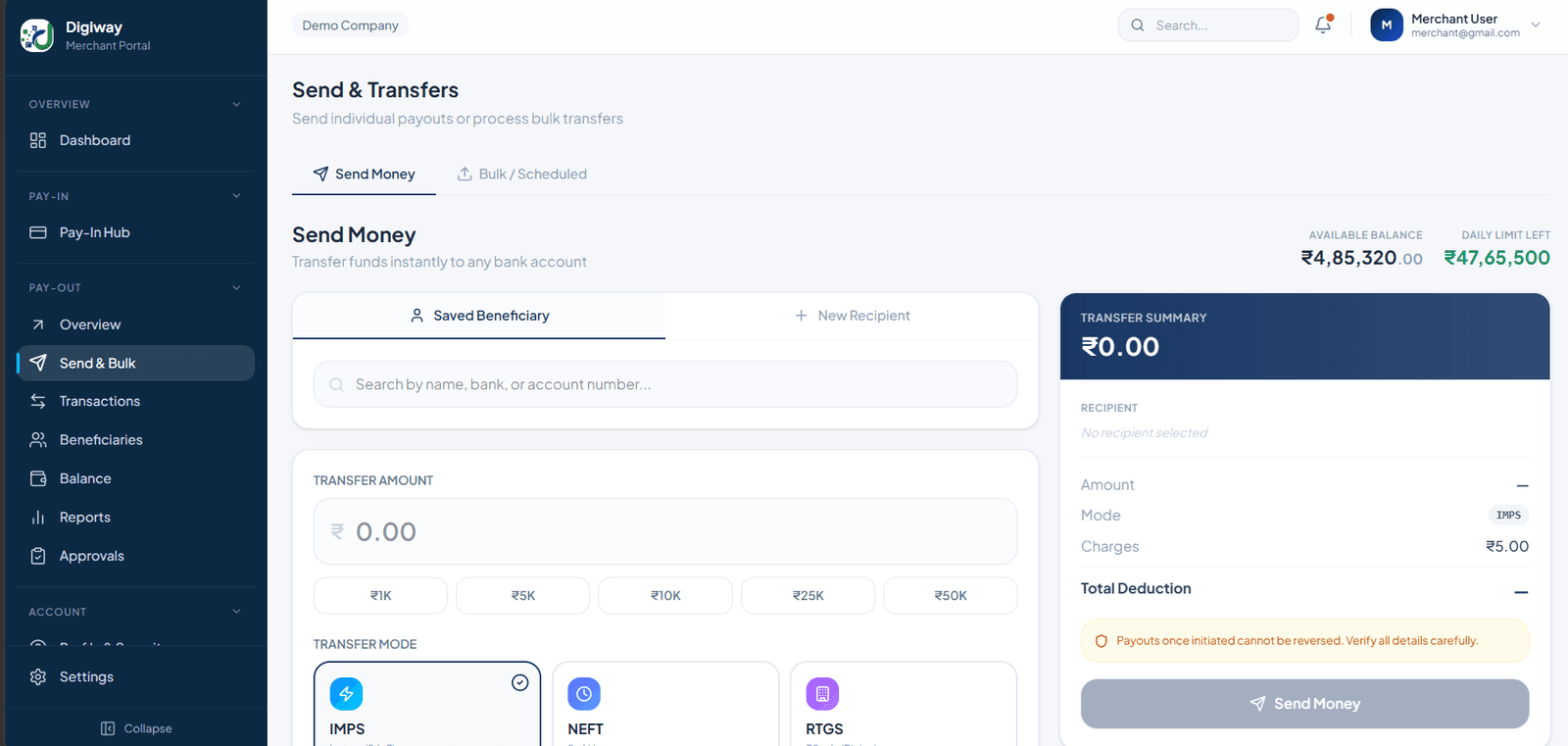 Digiway transaction monitoring view with real-time activity and filtering