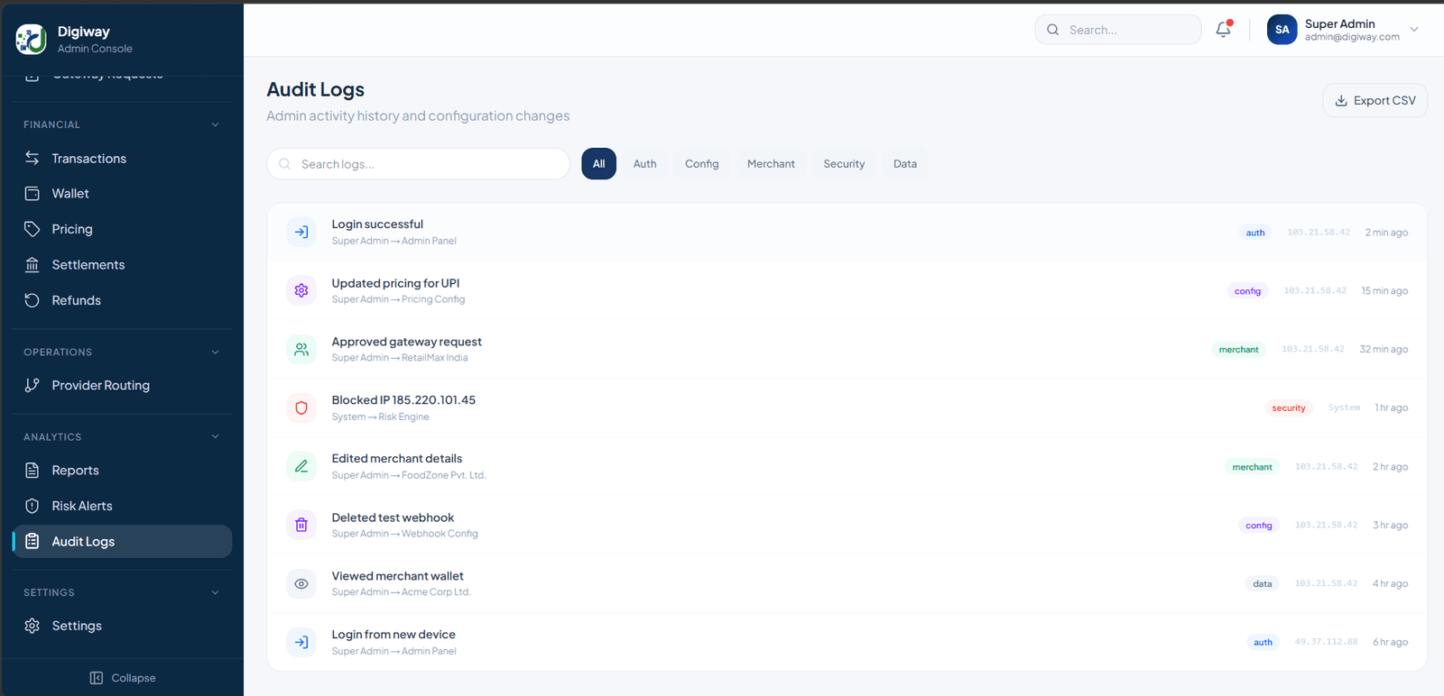 Digiway merchant detail view with linked transactions and settlement timeline