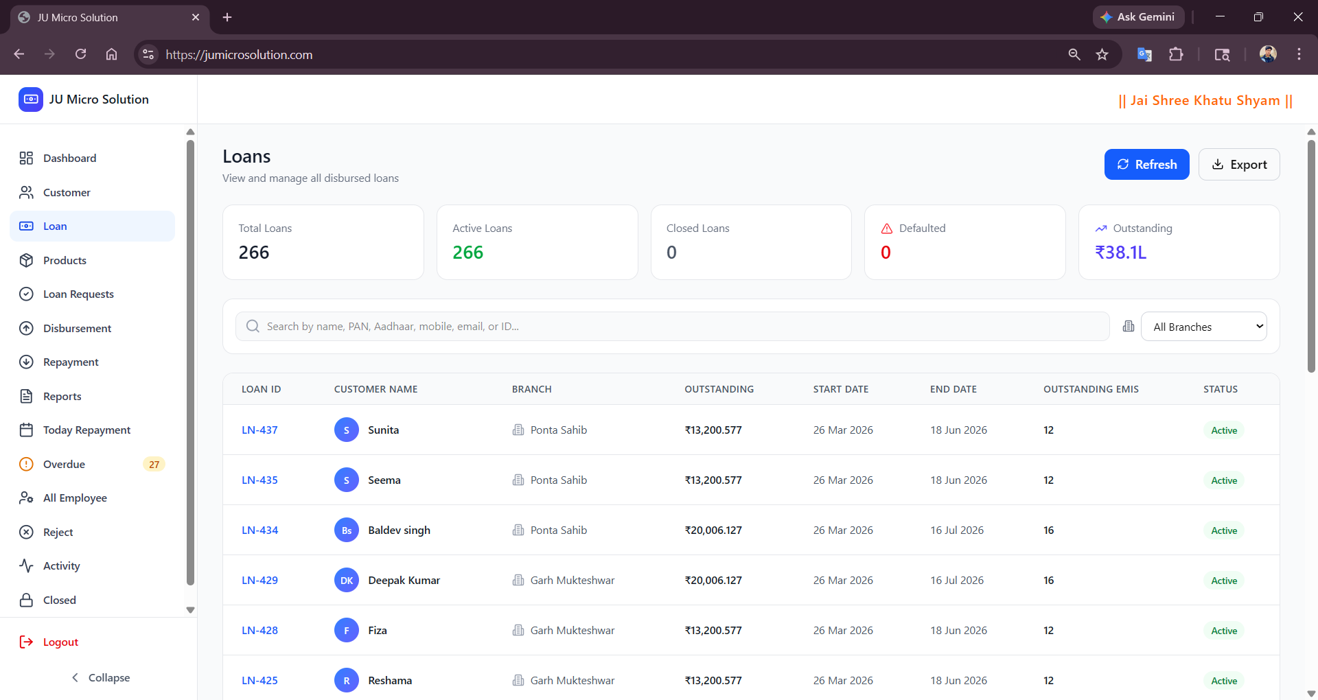 Loan applications dashboard with status filters and quick actions